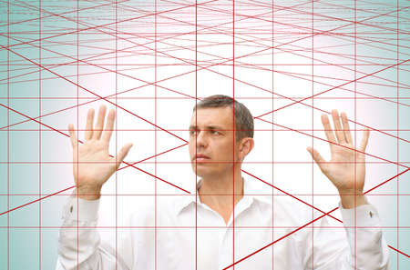 crisis blockaded zone in finance business for businessman stand laser web-decoyの写真素材