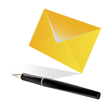 Post yellow envelope and the pen isolated on a white backgroundの写真素材