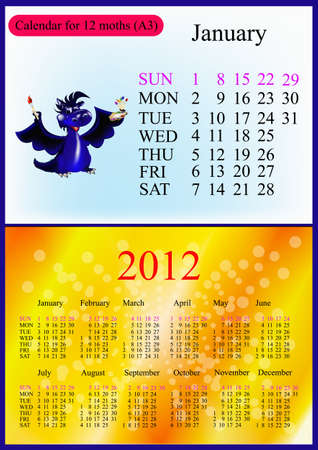 January. 2012 Calendar.Dark blue dragon-New Year's a symbol of 2012. A3 のイラスト素材