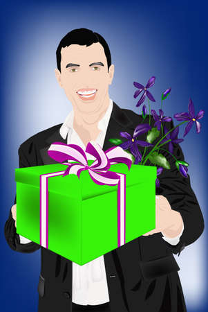 The enamoured elegant man gives a gift for favourite and a beautiful bunch of flowers のイラスト素材