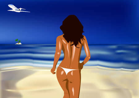The sexual young suntanned girl runs on a beach to the azure seaのイラスト素材