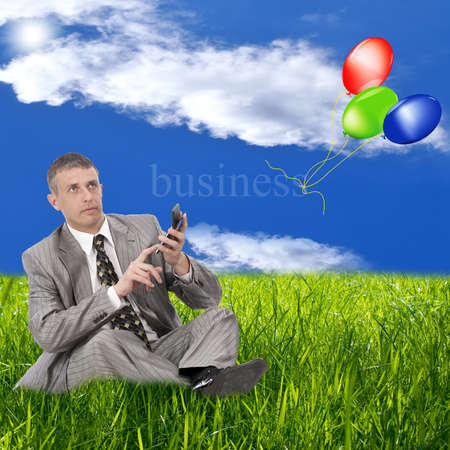 The successful businessman considers financial profit on a green summer meadowの写真素材