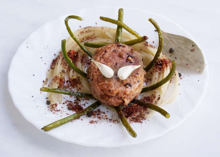 Appetizing chopped meat cutlet with a spaghetti and fried garlic in spicy spicesの写真素材