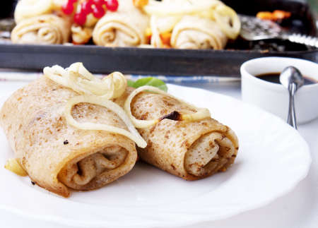 The fried pancakes with meat and baked vegetableの写真素材