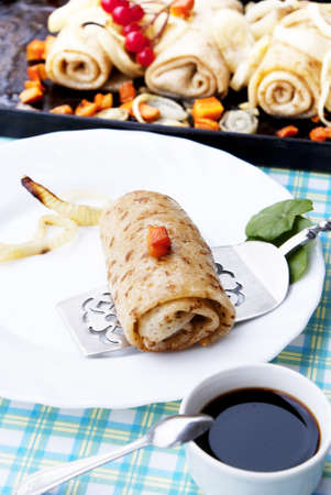 Appetizing baked pancakes with meat の写真素材