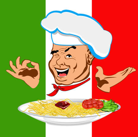 Happy joyful Chef and traditional Italian spaghetti  のイラスト素材