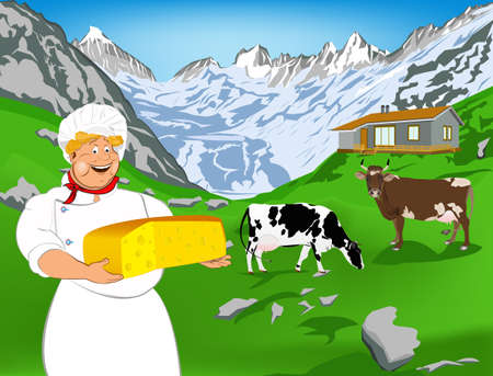 Chef and Natural swiss dairy cheese from cow with alps meadowのイラスト素材