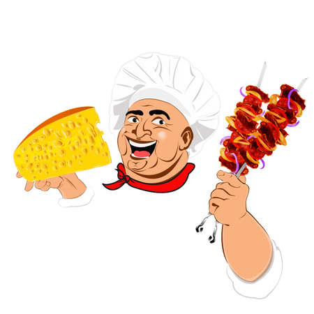 Funny Chef and delicious hot skewers of lamb with dairy cheeseの写真素材