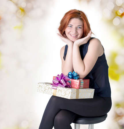 Happy woman with boxes gift Holiday concept の写真素材