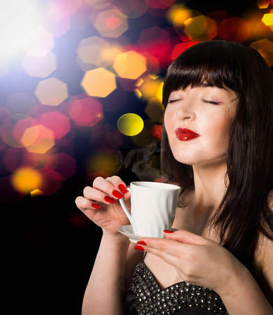 Beautiful Woman with Cup of Hot Beverage Coffee 