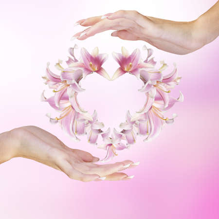 Hands Female and Heart of Flowers Pink Lily Valentines Dayの写真素材