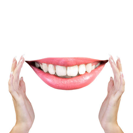 Healthy White Smile Teeth in Woman hands Dental Medicine Stomatology Concept
