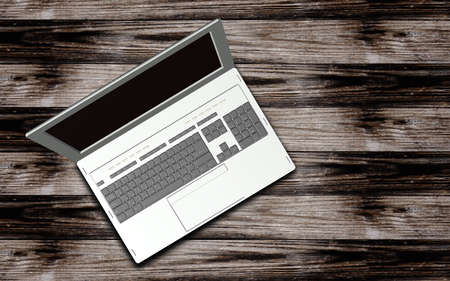 Modern computer laptop over old wooden texture backgroundの写真素材