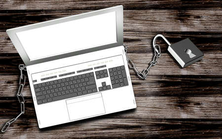 Modern computer laptop over old wooden texture backgroundの写真素材