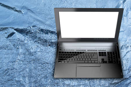 New modern laptop closeup on metallic silver material backgroundの写真素材