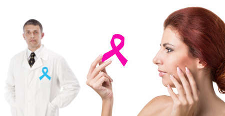 Woman  with pink ribbon symbol female healthの写真素材