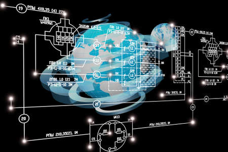 Electrical industrial scheme with globe planet on abstract dark background.Research cosmic energy