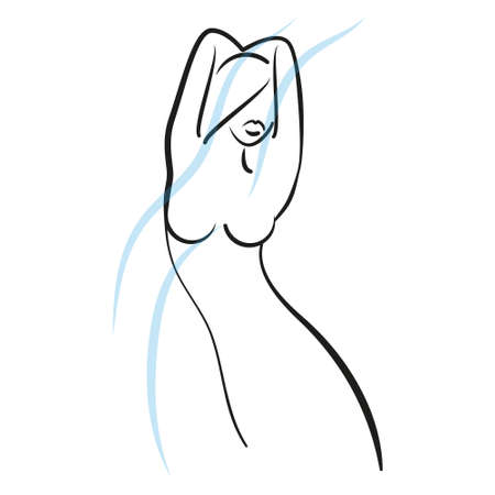 Line art Beauty Naked Woman Takes Showerのイラスト素材