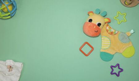 Kids toys frame on turquoise backgroundの写真素材