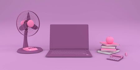 Simple mock up composition with laptop in pink colors background 3d renderの写真素材