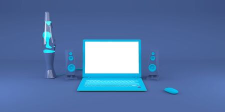 Simple mock up composition with laptop and lava lamp in blue colors 3d renderの写真素材
