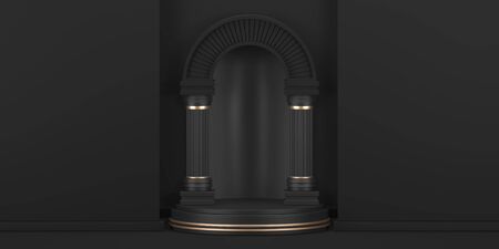 3D render black podium background. Abstract geometric shape blank podium with gold elements for productの写真素材