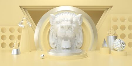 Abstract yellow studio with podium and geometric shape pastel color for cosmetic or product 3d renderの写真素材