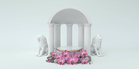 Studio with podium and column white color for cosmetic or product 3d renderの写真素材