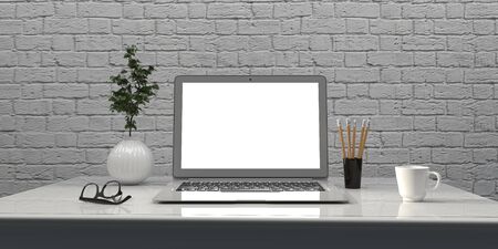 Minimal white interior mockup composition with laptop 3d render illustrationの写真素材