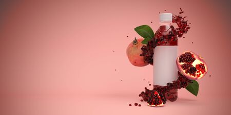 Water bottle with liquid splash and pomegranate on pink background 3d renderの写真素材