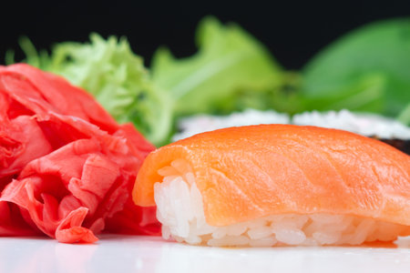Sushi rolls with rice, herbs and soy sauce, close-upの写真素材