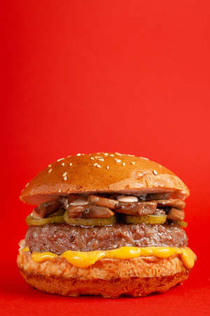 Delicious burger on red background. Tasty fresh unhealthy hamburgers with cheese. Fast food, junk food concept.の写真素材
