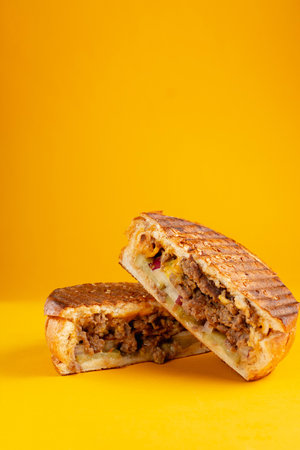 Grilled meat bun on yellow background. Vertical banner