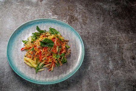 Serving a dish from the restaurant menu. Fresh salad of vegetables and beef, tomatoes, grated carrots on a blue plate against a gray stone table, a delicious appetizerの写真素材