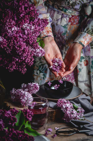 A light-skinned girl in a pastel-colored dress pours lilac flowers into a bowl. Spring composition with lilacs on a vintage table. Voluminous soft shadows. low key.の写真素材