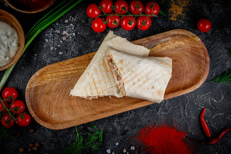 Shawarma with vegetables on a wooden board with pita sauce on a dark stone table decorated with cherry tomatoes. Fast food restaurant, delivery service.の写真素材