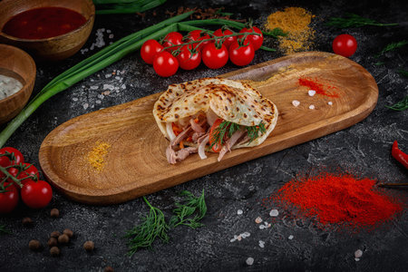 Pita with grilled chicken and vegetables with sauce in a pita on a dark stone table. Fast food restaurant, delivery service.の写真素材
