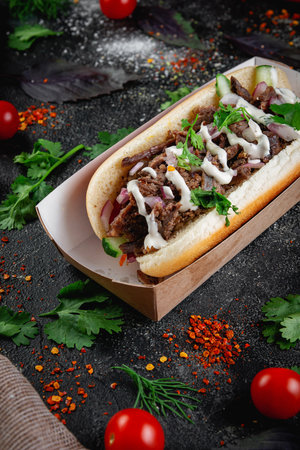 Hot dog with vegetables, stuffing with chicken, beef and herbs on a dark stone table. The concept of fast food and delivery restaurantsの写真素材