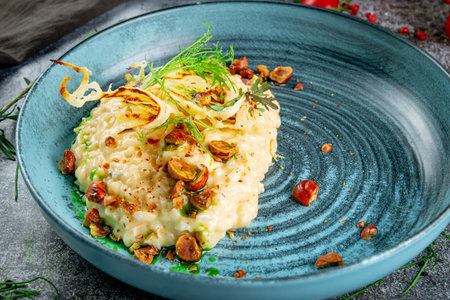 Hazelnut risotto on a gray stone tableの写真素材