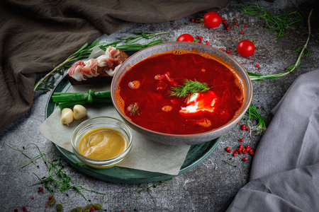 Ukrainian borscht, red soup with sour cream and dill on a gray stone table. Served with croutons with bacon and garlicの写真素材