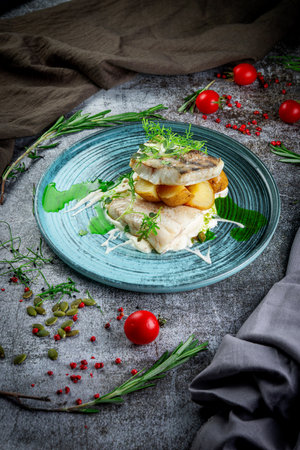 Fried perch with potatoes and cream sauceの写真素材