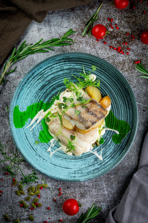 Fried perch with potatoes and cream sauce