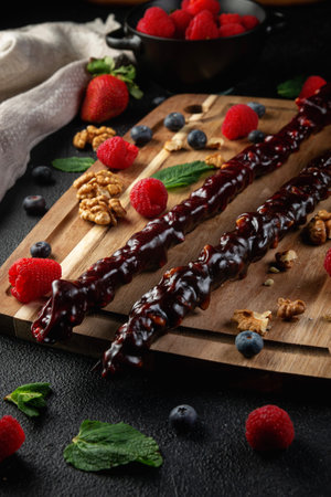 Churchkhela is a traditional Georgian national delicacy. Dessert of peeled nuts in fruit jellyの写真素材