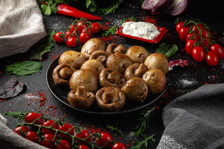 Grilled mushrooms in a dark plate on the table with spices, vegetables, herbs and onions.の写真素材