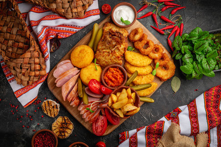 Cold appetizers and charcuterie, snacks on a wooden boardの写真素材