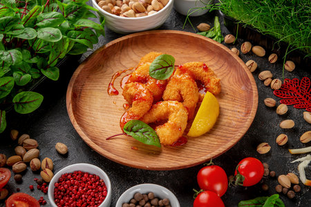 Hot appetizers. Pan-fried shrimps in a plate with beet leaves and lemon.の写真素材