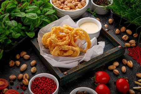 Hot appetizers. Fried squid rings in breading with cream sauceの写真素材