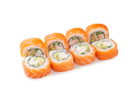 Fresh and healthy sushi meal on white background.の写真素材