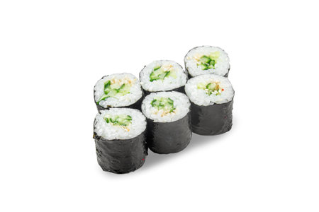 Classic sushi roll with cucumber on a white backgroundの写真素材
