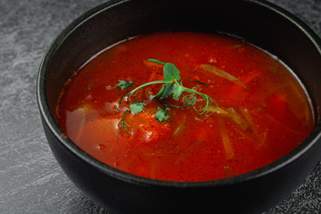 Traditional Russian and Ukrainian cuisine, appetizing red borscht on a dark backgroundの写真素材